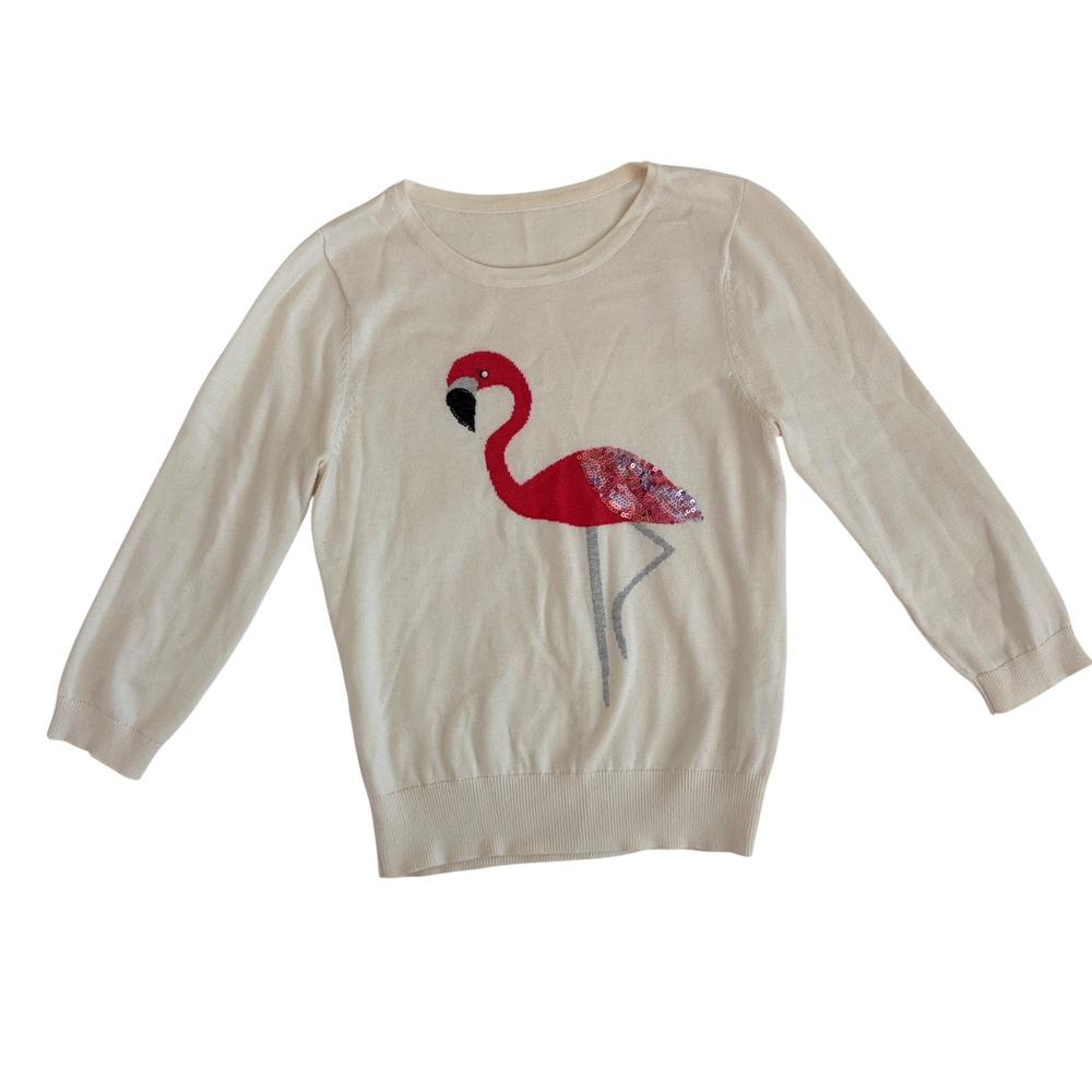 Yumi Cream Flamingo Sequin Knit Sweater 3/4 Sleeve Bird Graphic Pullover Womens
